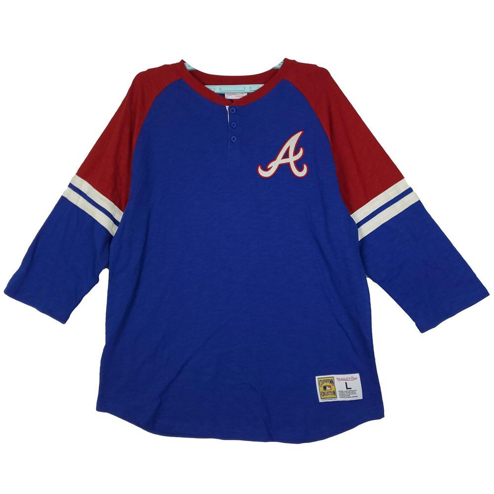 Atlanta Braves Mitchell & Ness MLB L Large Henley‎ Shirt Blue Red White NWT